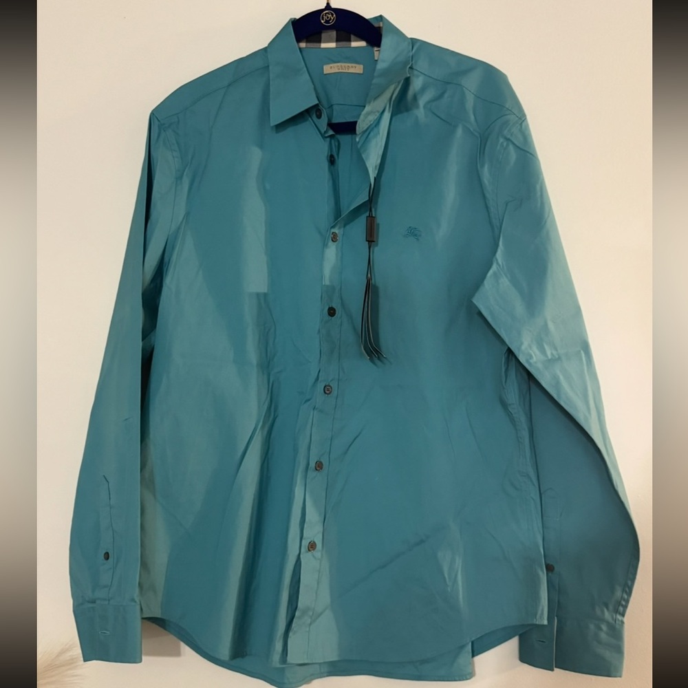 Men Burberry Teal Long Sleeve Button-Up Shirt